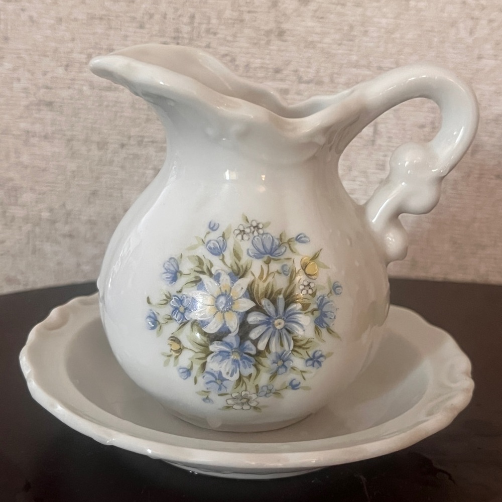 Miniature Floral Blue and White Ceramic Pitcher with Saucer
